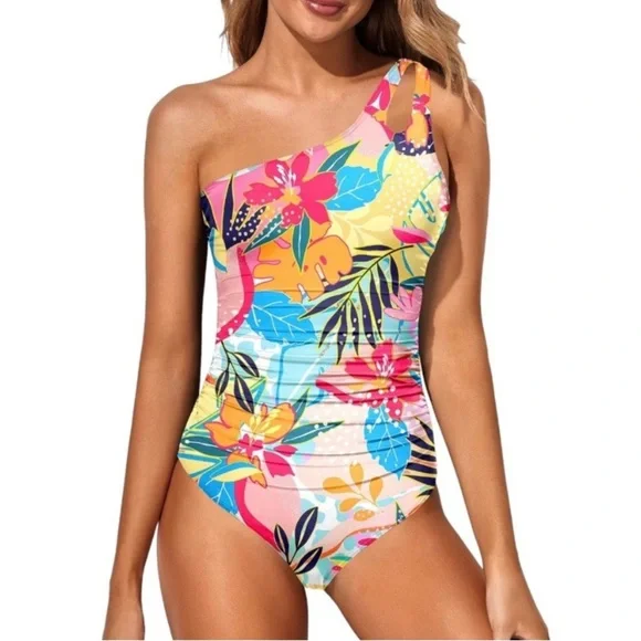 Holipick NWT Full Coverage One Shoulder One Piece Floral Swimsuit Colorful Small - Picture 1 of 5